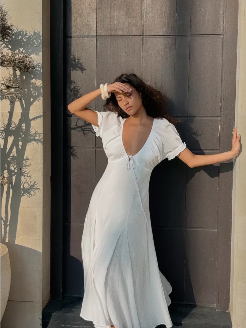 White V-Neck Puff Sleeve Midi Dress